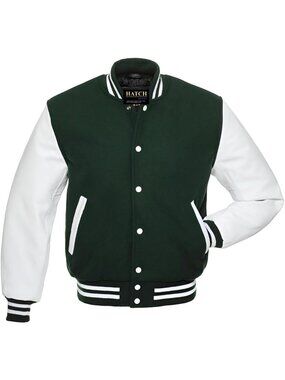 Men’s Green White Genuine Leather Sleeve Varsity Letterman Jacket